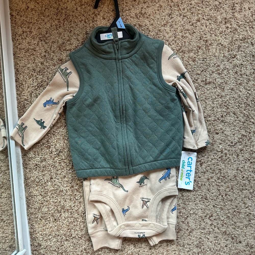 Carter's Olive Green Quilted Vest with Beige Dino Bodysuit Set